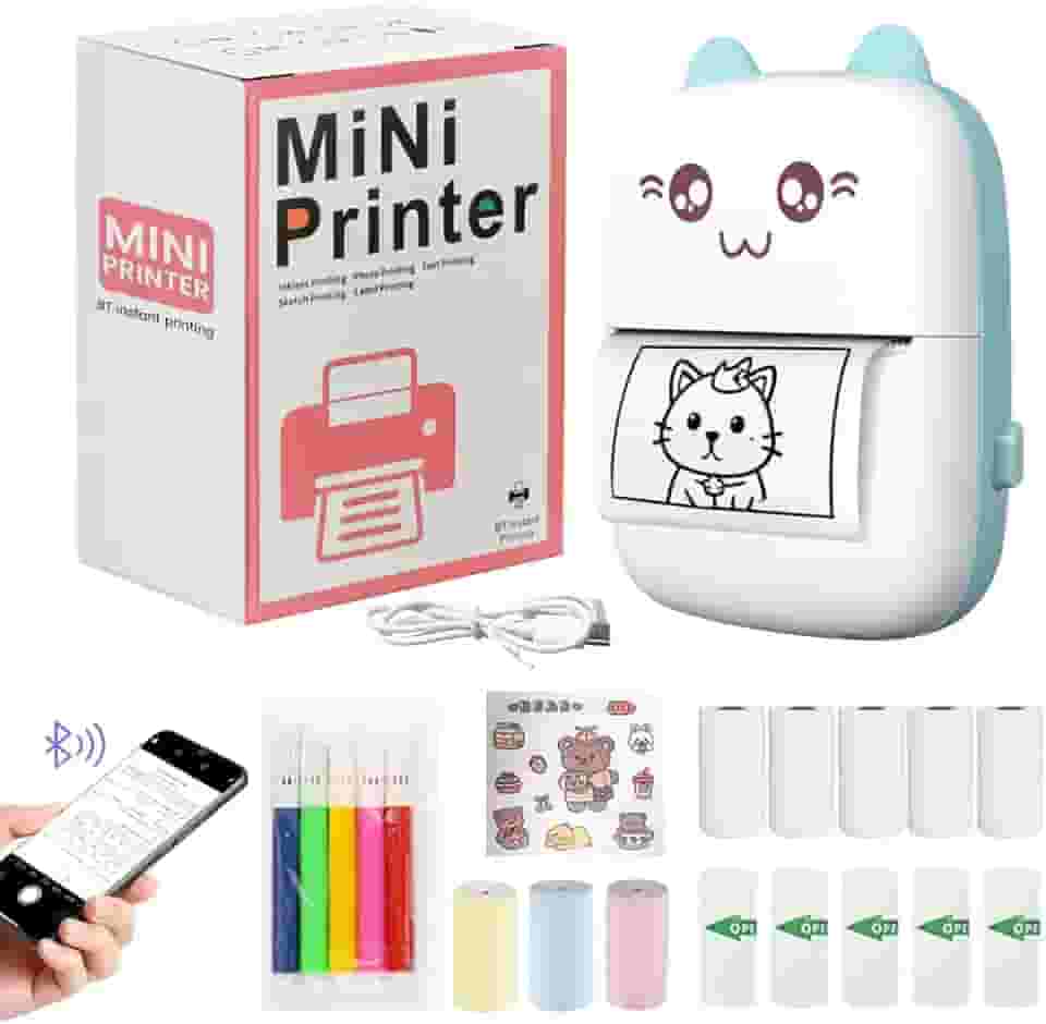 Mini impressora portátil, impressora de adesivos sem tinta portátil com 8 rolos de papel, impressora térmica Bluetooth para diário, fotos e presentes