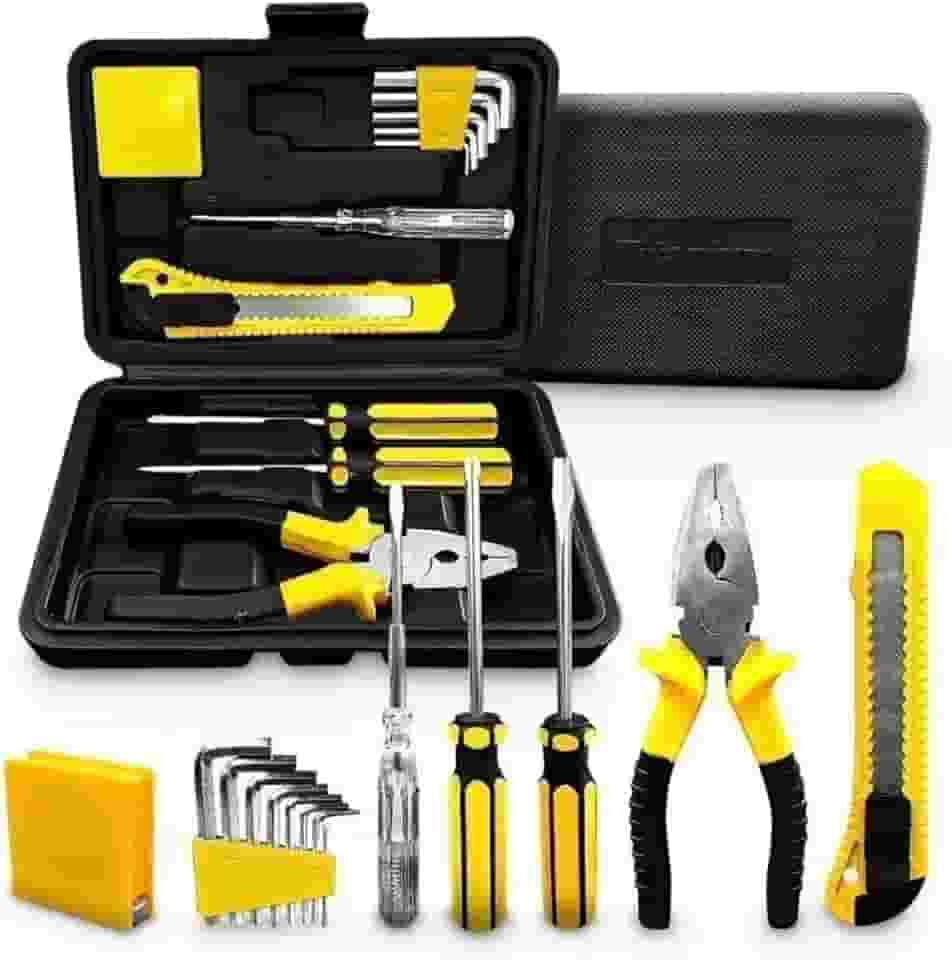 Kit de Ferramentas Manuais 12 Peças, Maleta Compacta com Chaves, Alicate e Estilete, Amarelo e Preto
