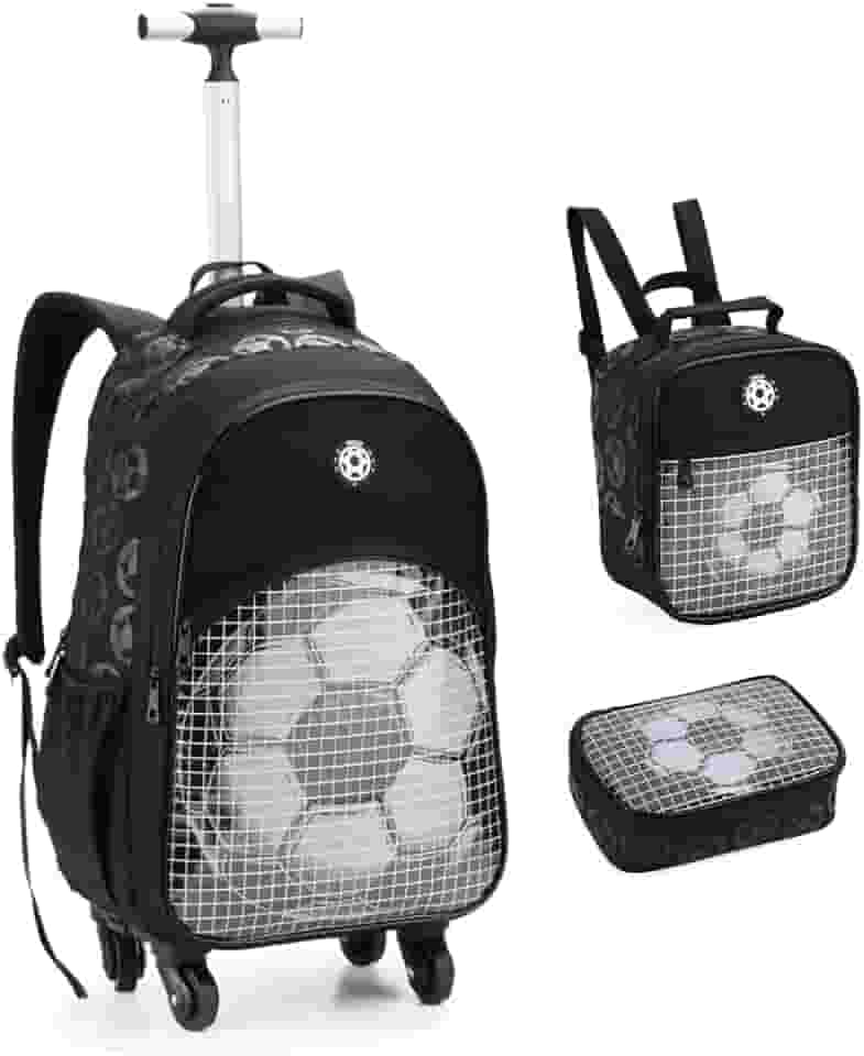 Kit Mochila Escolar com Rodas 360º, Lancheira e Estojo, Design Futebol, Compartimentos Múltiplos, Alça Telescópica, para Meninos, Cor Preta
