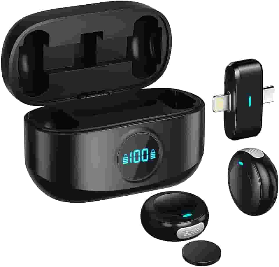 Microfone Lapela Sem Fio para iPhone e iPad (IOS) Lightning e Android USB-C – Kit Duplo Plug & Play com Case Carregador – Som Profissional para Podcasts e Transmissões ao Vivo