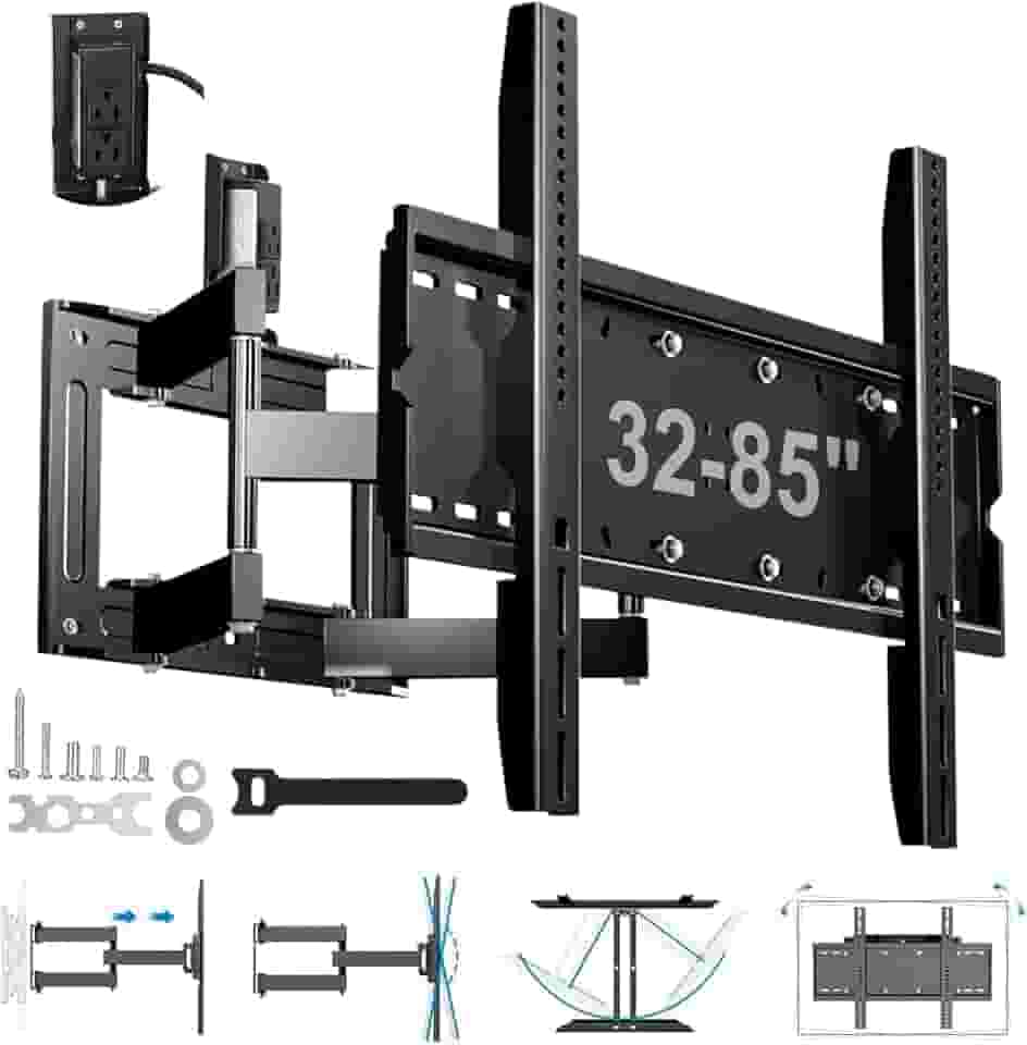 Suporte de Parede Multiarticulado Reforçado, TVs de 32'' a 85'' com Maior Comprimento de Braço, Com Tomada, Capacidade Máxima de 60 kg, Preto