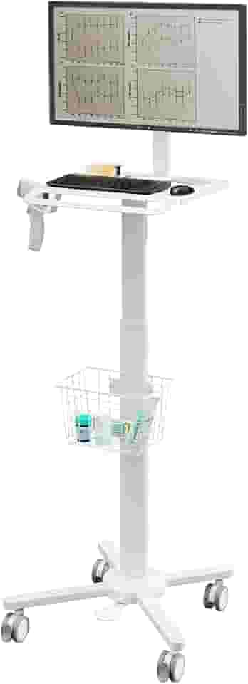 MB-C13-2 Carrinho médico leve para monitor de 43.2 cm a 81.3 cm com mesa de teclado, cesta, suporte de scanner para hospital, clínica odontológica, escritório em casa, escritório | Estação de trabalho