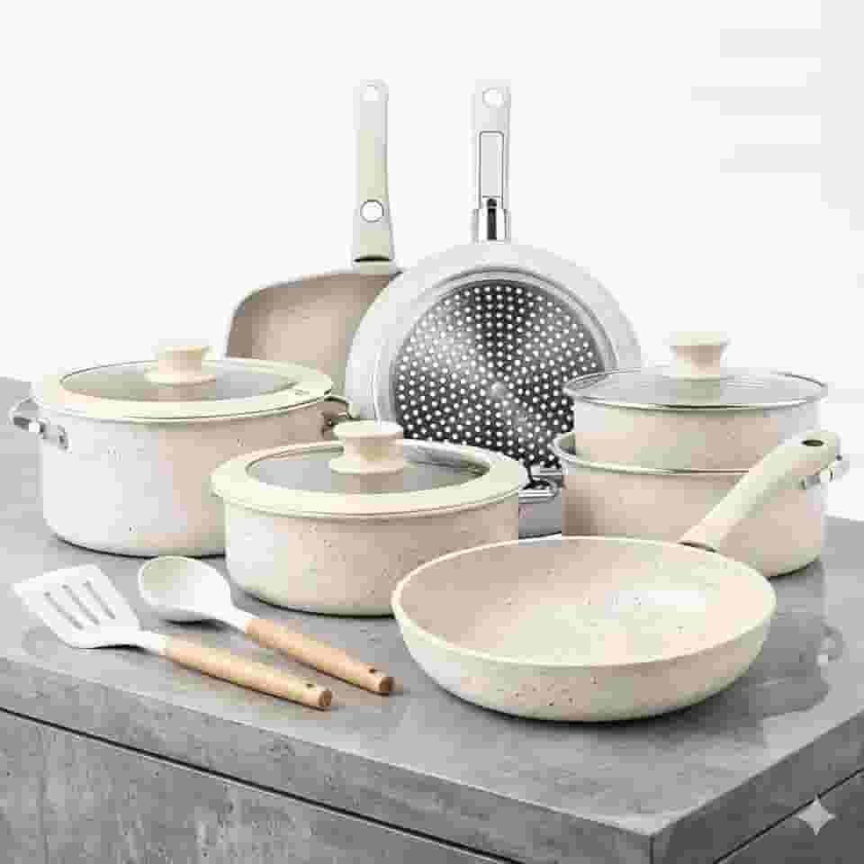 Conjunto de Panelas Cerâmica, 18 Peças, Antiaderente com Cabo Removível, Branco, Compatível com Fogão a Gás, Indução e Elétrico, Inclui Tampas e Utensílios de Silicone