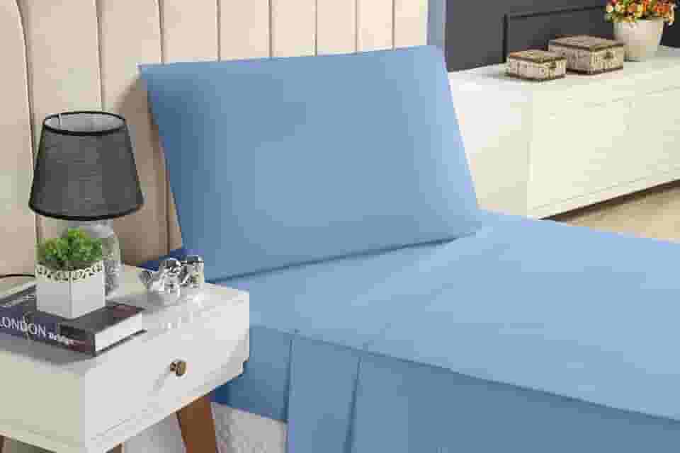Anne House - Conjunto de Roupas de Cama 3 Peças - Jogo de Lençol 100% Algodão 200 Fios - Lençol com Elástico - Lençol de Cima - Fronha - Azul - Tamanho Queen