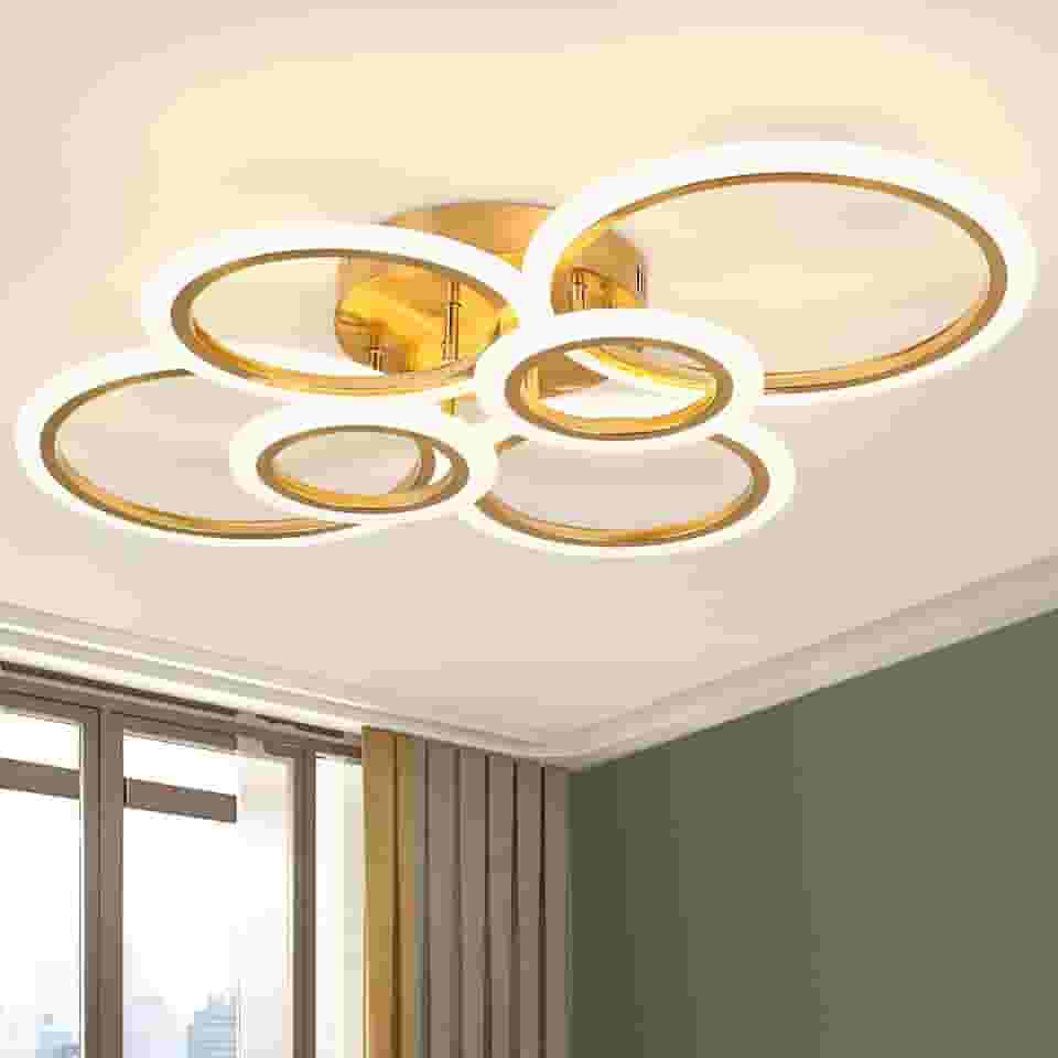 Luminária de Teto Minimalista 6 Anéis Dourada, Ajustável 3 Temperaturas de Cor, LED Dimerizável, Lustre Moderno para Cozinha, Quarto, Sala de Estar, Corredor (6 Anéis)