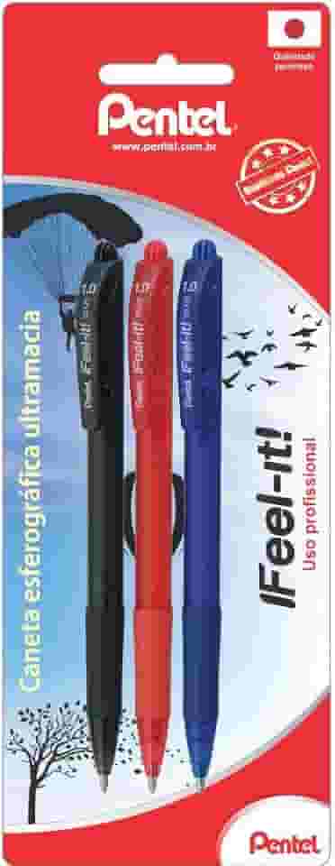 Kit com 3 Canetas Caneta Esferográfica Feel It 1 mm, Pentel, Preta/Vermelha/Azul