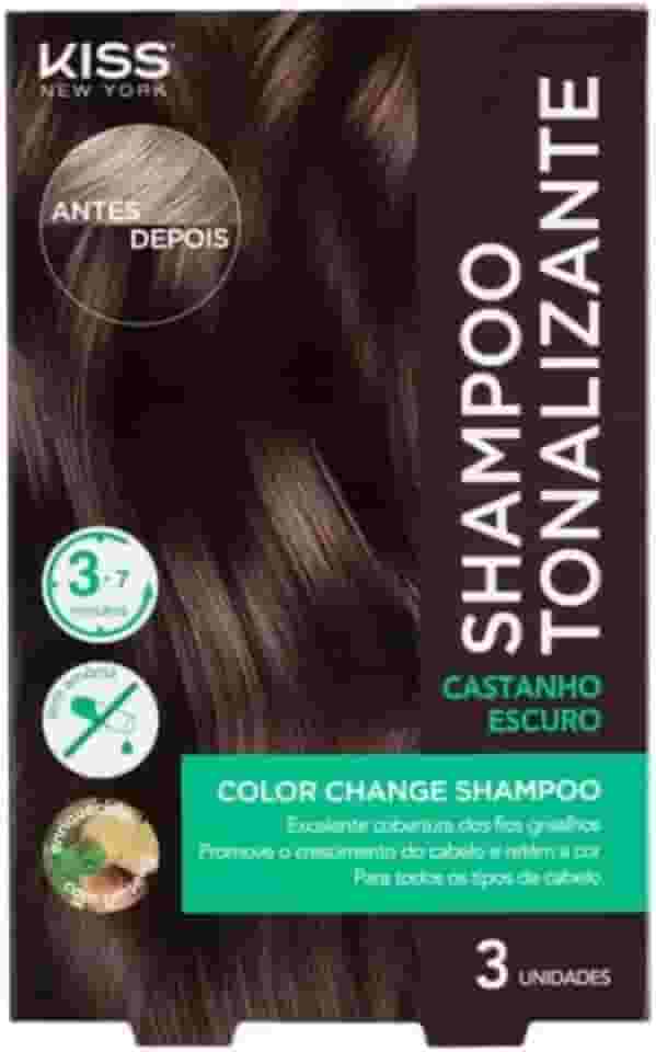 Kiss New York Shampoo Tonalizante, Castanho Escuro, 3 Unidades, Cobertura de Fios Grisalhos