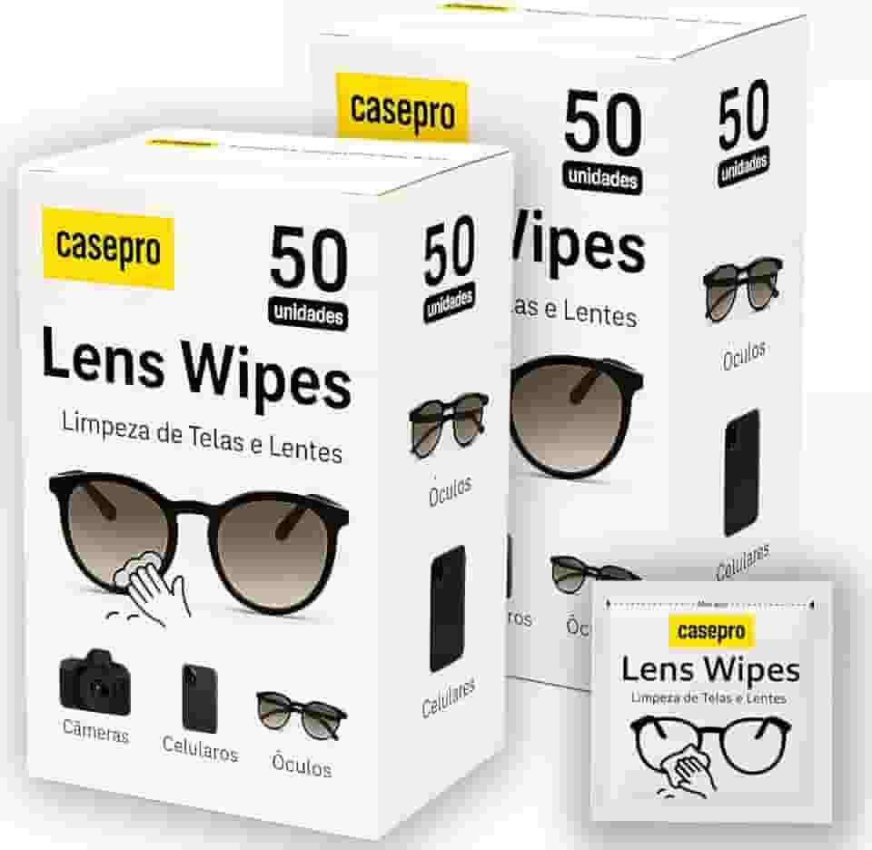 Combo 100 Lenços de Limpeza para Óculos, Lenços para Limpar Lentes, Embalados individualmente, Lens Wipes, Casepro