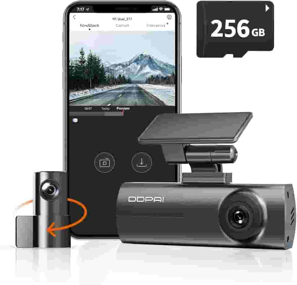 DDPAI N1 Dual Câmera Veicular Frontal Traseira 1296P+1080P, Dachcam com WiFi, Câmera para Carro com Visão Noturna, Aplicativo, Supercapacitor, Gravação em Loops, Estacionamento 24H (N1+256G Cartão SD)