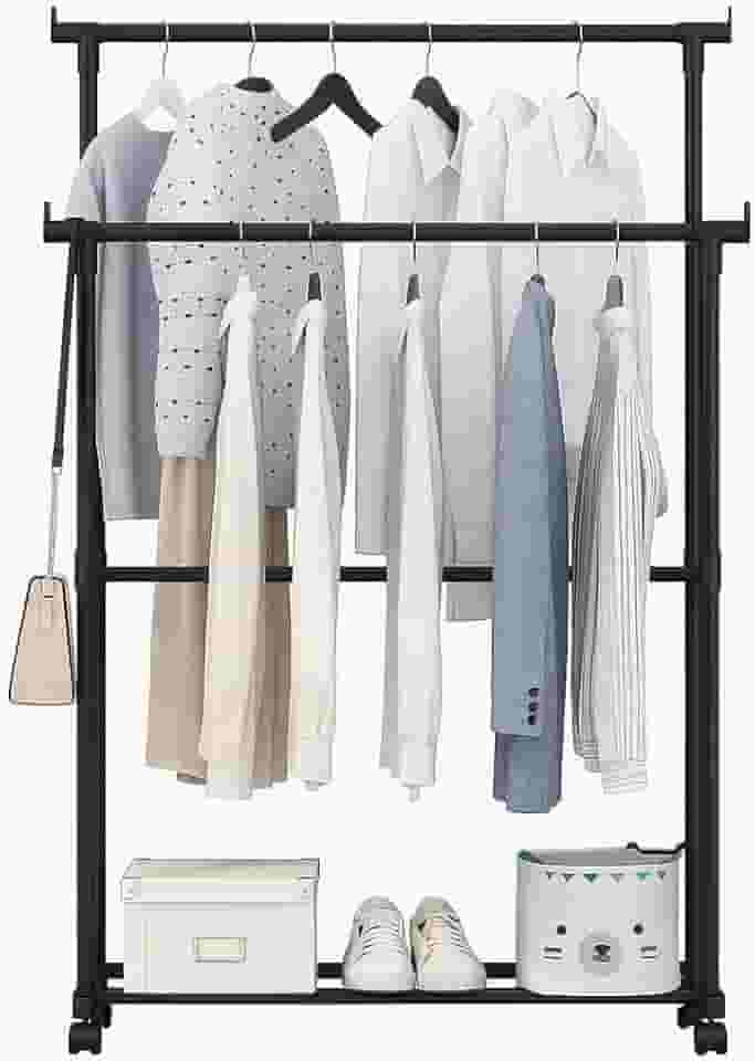 Cabideiro Duplo Roupas Aço Regulável com Rodas e Sapateira Organizador Móvel Arara Portátil Blusas Calças Jaquetas Camisetas Vestidos Sapatos Prático Resistente Fácil Montagem