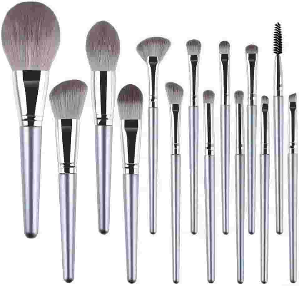 Kit Profissional de Pincéis de Maquiagem 14 em 1, Cor Prata, Conjunto para Maquiagem de Festa e Contorno, Cerdas Sintéticas de Luxo e Cabo Resistente