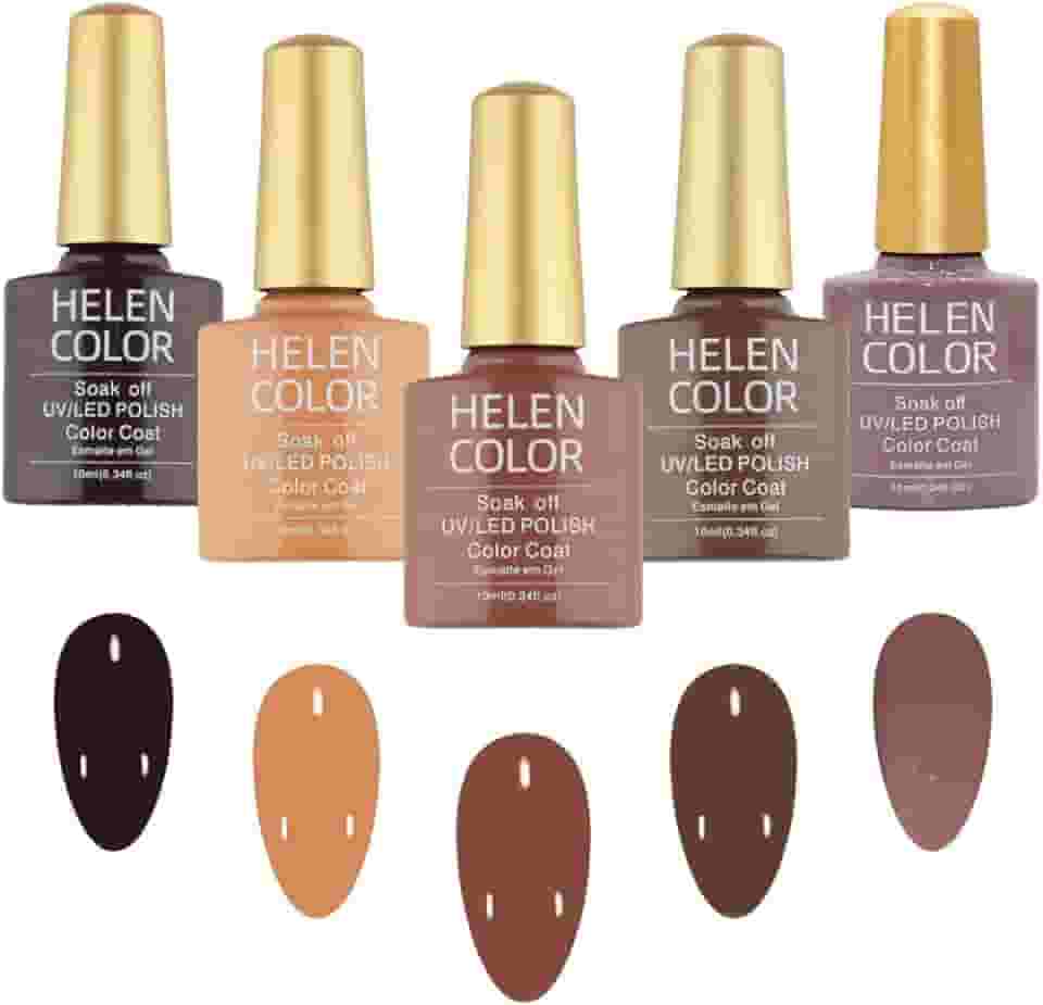 HELEN COLOR Kit 5 Esmaltes em Gel UV/LED Soak Off Brilhoso 10ml Cada Fórmula Profissional para Manicure Alta Durabilidade Secagem em Cabine (Marrom)