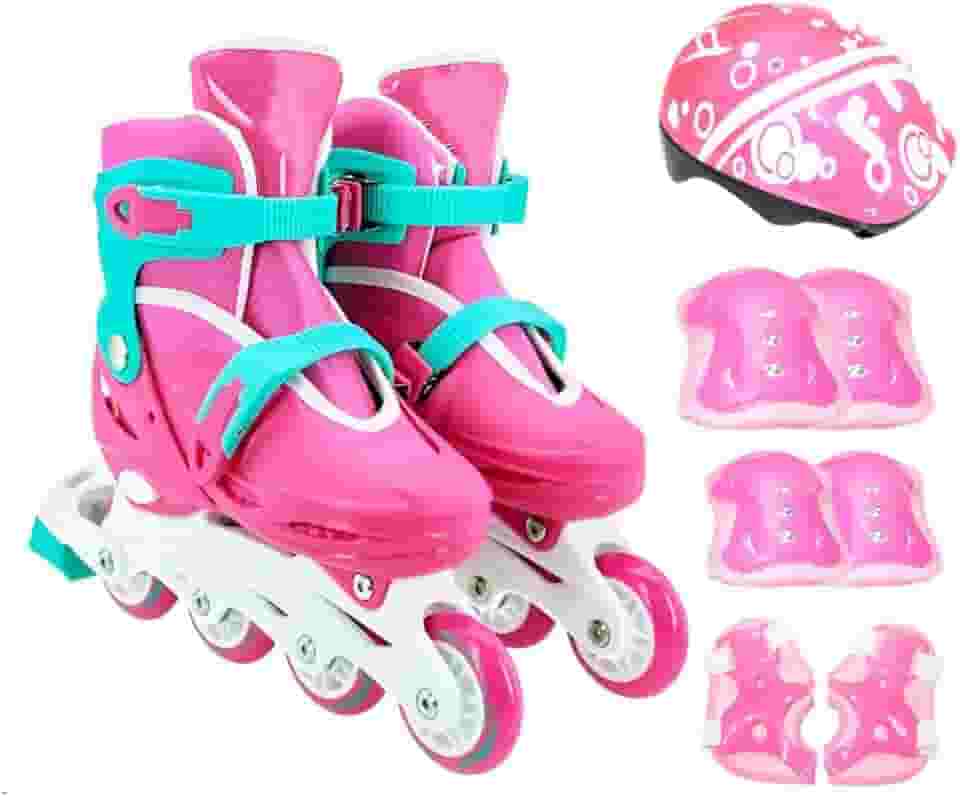 Patins Infantil 4 Rodas Inline Ajustável Rosa + Proteção