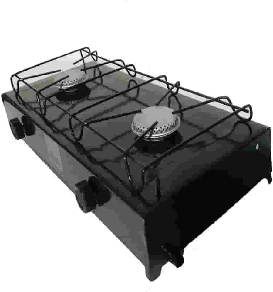 Fogão Portátil 2 Bocas a Gás, Preto, Estilo Camping, Metal, com Grade Protetora