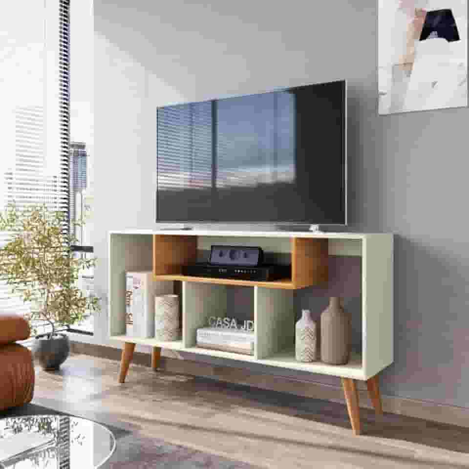 Rack Bancada Para Tv De Até 43 Polegadas Com Prateleira E Nichos Para Sala De Estar Casa Jd (Off White/Nature)