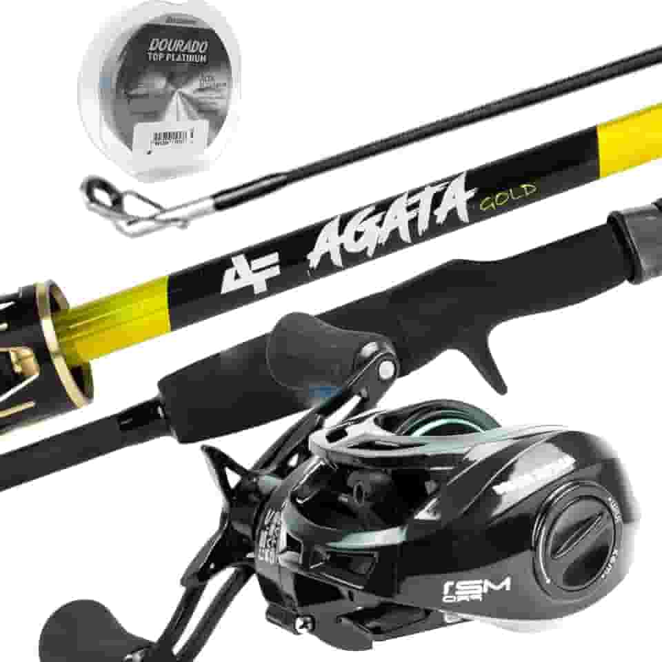 Kit de Pesca Agata Gold, Carretilha Slim Pro Direita com Vara 1,83m, 12 Libras, Linha Dourado Platinum