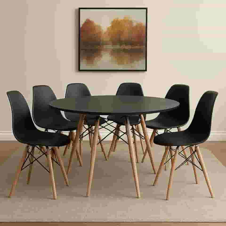 Conjunto de Mesa de Jantar Eames Eiffel Redonda 120cm Tampo de Madeira com 6 Cadeiras Eiffel Charles Eames (Preto)