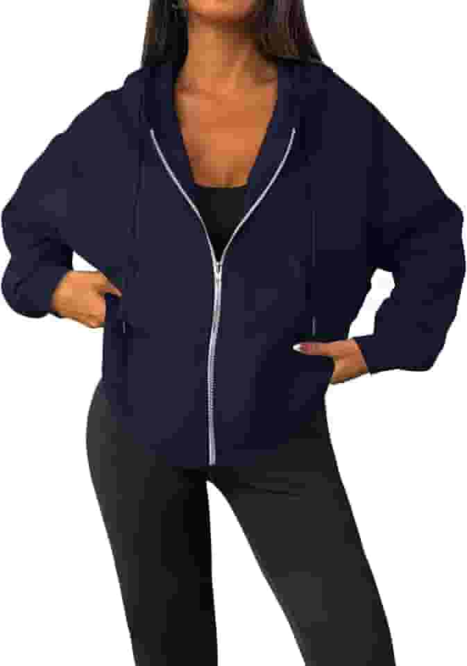 Moletom feminino de manga comprida com zíper e bolsos