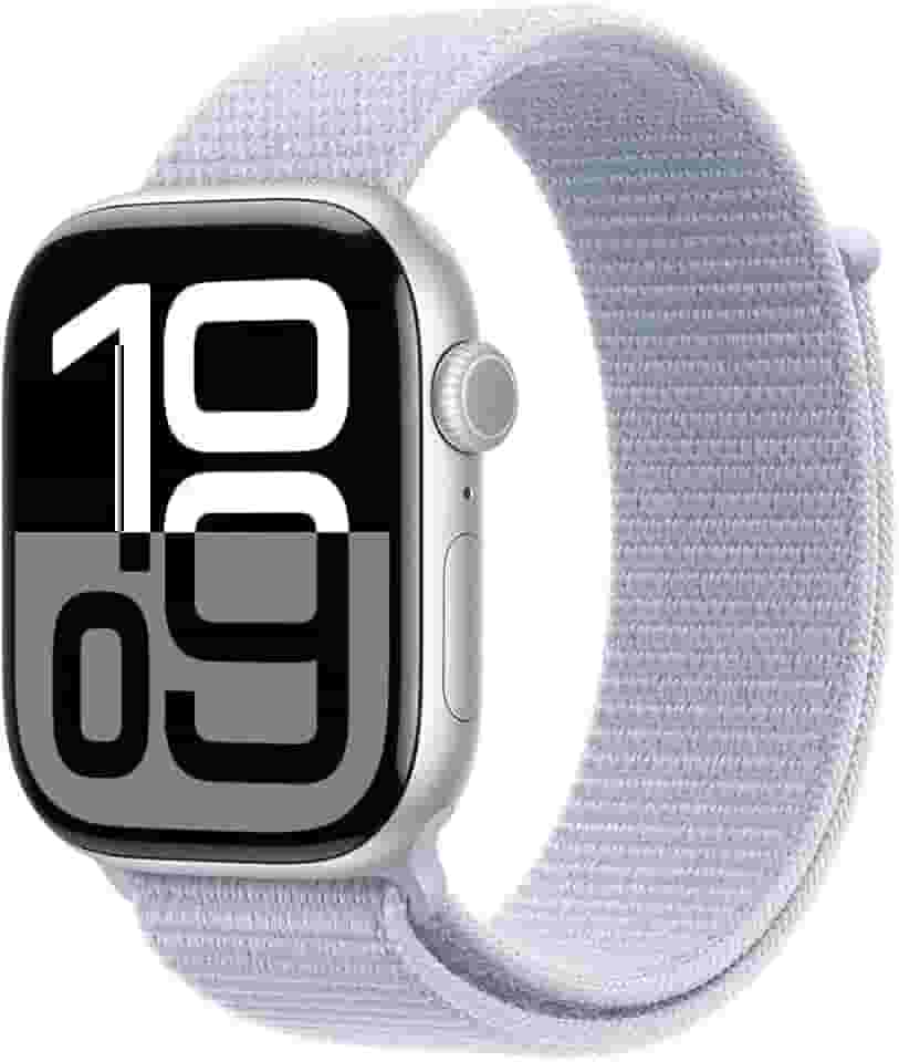 Apple Watch Series 10 GPS • Caixa prateada de alumínio – 46 mm • Pulseira loop esportiva nuvem azul