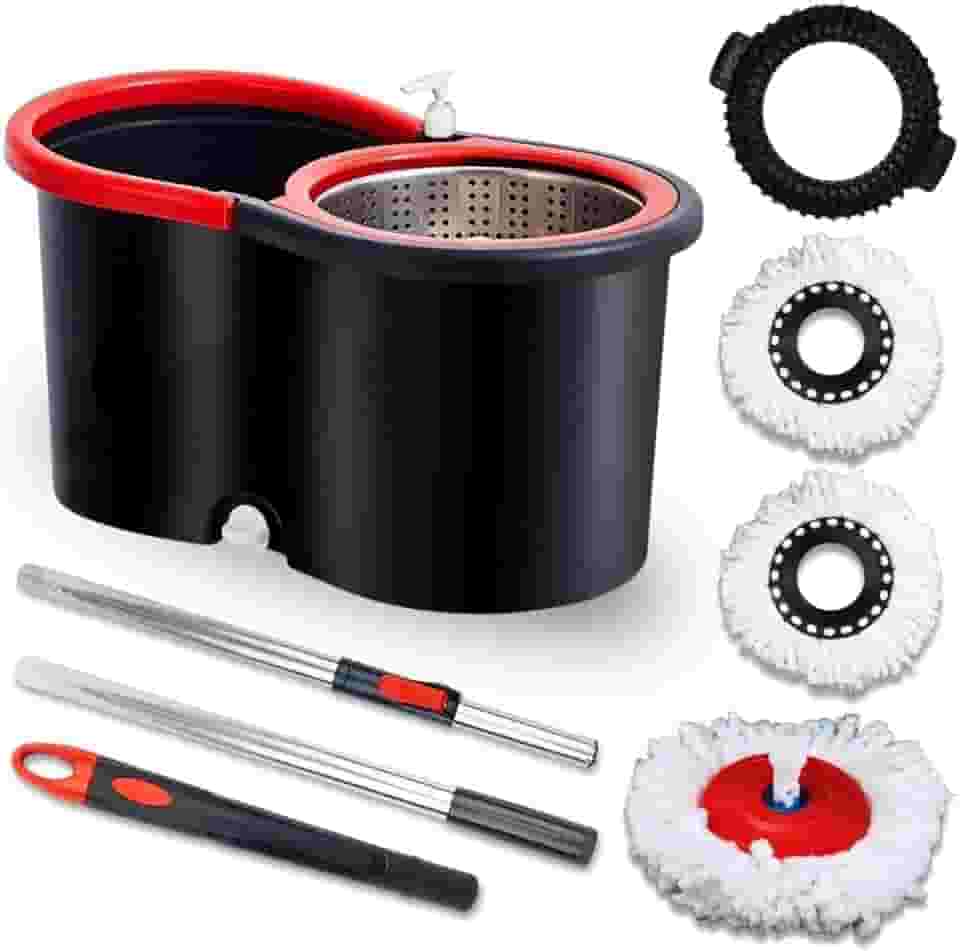 Mop Giratório Com Cesto Em Inox Vermelho - Com Escovão Para Limpeza Pesada Cabo C/140Cm Ajustável + 3 Esfregão de microfibra