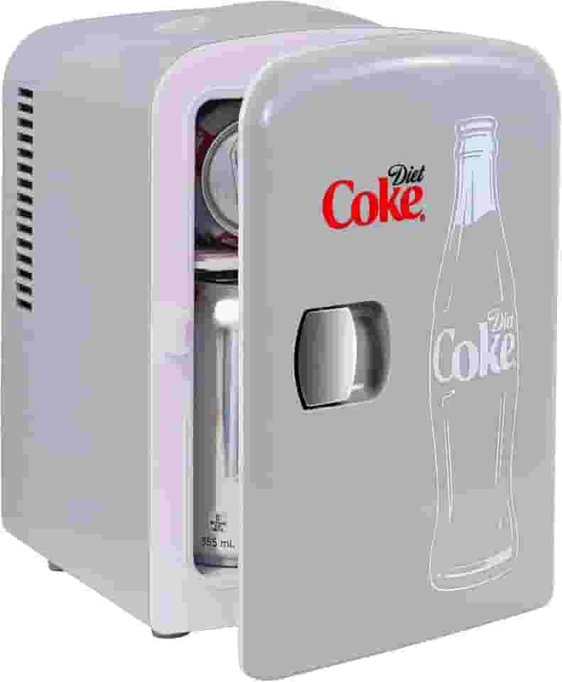 Coca Cola Diet Coke Mini Geladeira para Quartos 4L Pequena 6 Latas Tampo de Mesa Silencioso Mini Geladeira para Cuidados com a Pele Escritório Alimentos Bebidas Crianças Casa Carro e Viagens 12V