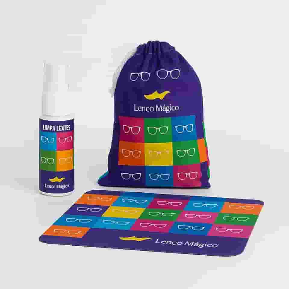 Lenço Mágico - Kit Limpeza Óculos Lenço Mágico Com Spray Eco 20ml c/ 290 aplicações, Flanela Microfibra 10x15cm e Saquinho Sustentável Portátil Limpa Óculos de Grau, Escuro, Telas e Eletrônicos