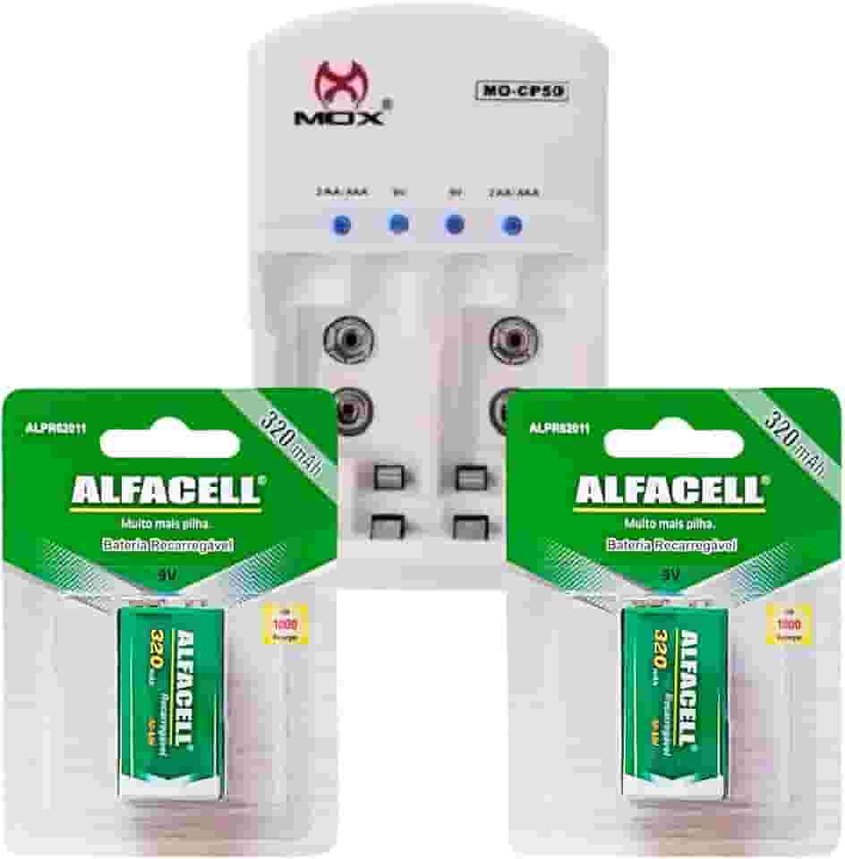 Kit Carregador Bivolt Mais 2 Baterias 9v Recarregavel Pilha Retangular