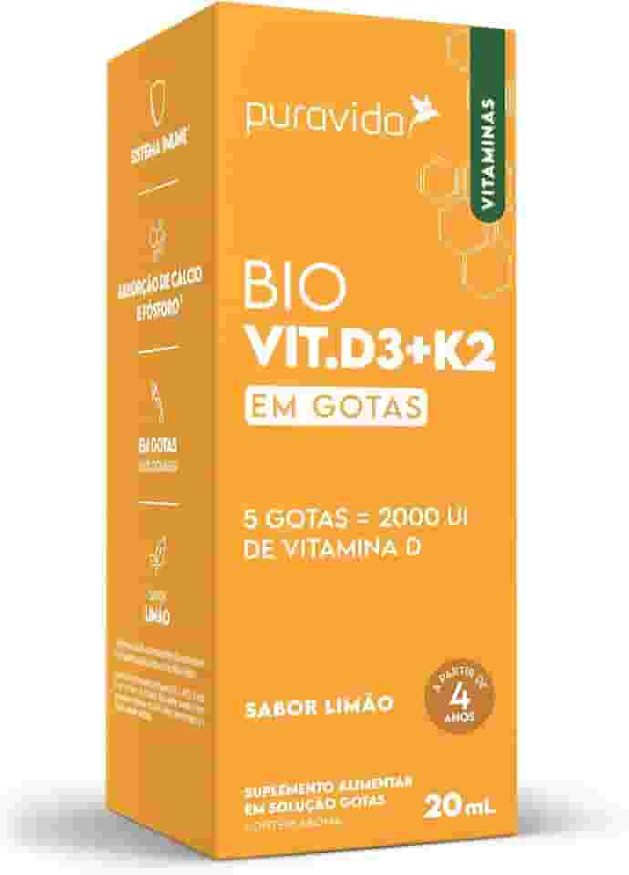 Puravida Vitaminas Bio Vit. D3 + K2 2000UI Gotas Sabor Limão 20ml