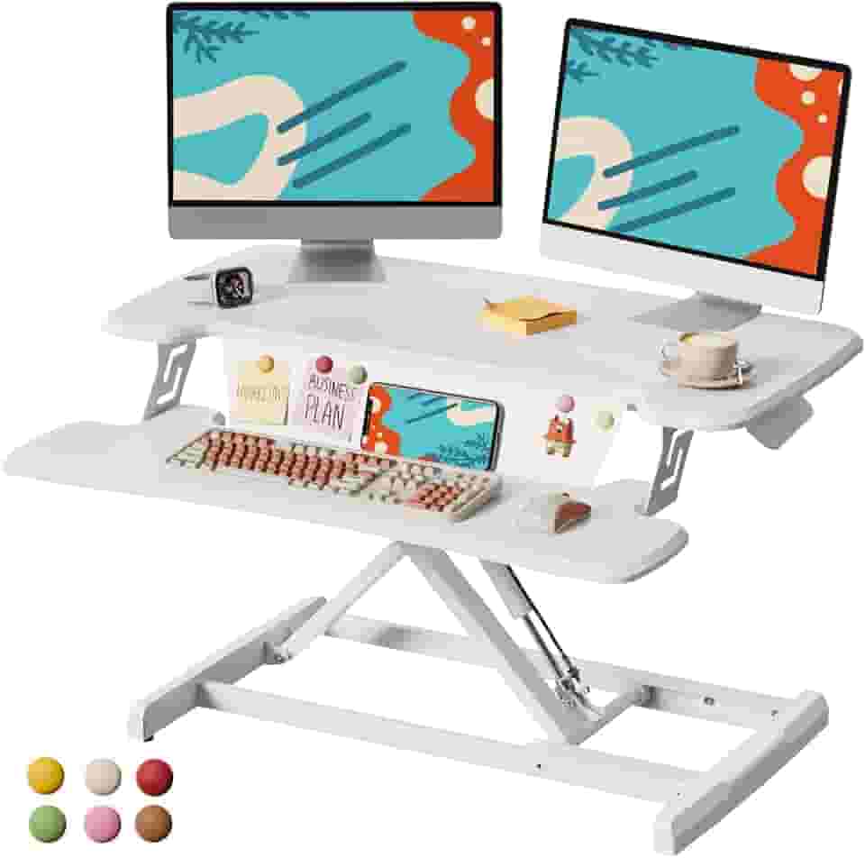 JOY worker Conversor de mesa em pé, suporte de mesa ajustável de 81 cm de altura com bandeja de teclado e 6 ímãs de geladeira, elevador de estação de trabalho de mesa para computador e laptop, branco