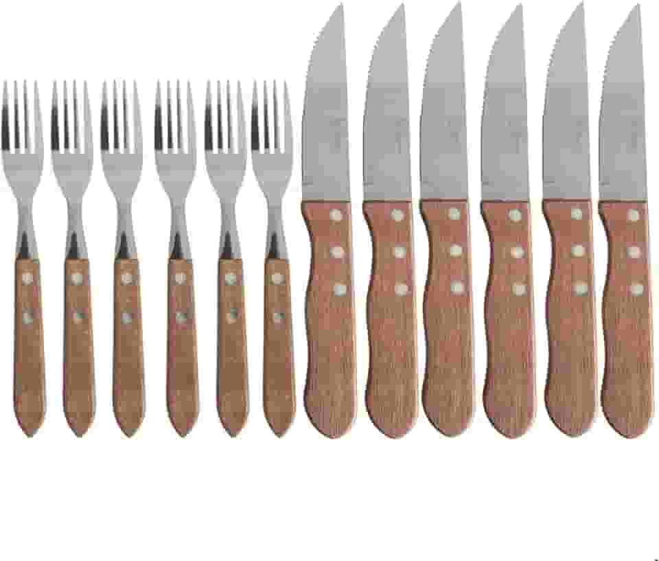 Jogo de Talheres Para Churrasco 12 Peças Jumbo Garfo Faca Aço Inox E Madeira luxo