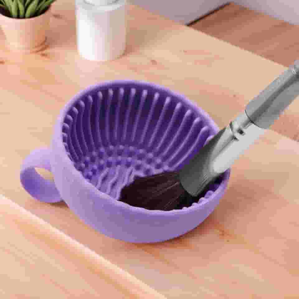 Tigela de limpeza de pincéis de maquiagem de silicone, ferramenta de limpeza portátil para pincéis, esponjas de pó, roxas