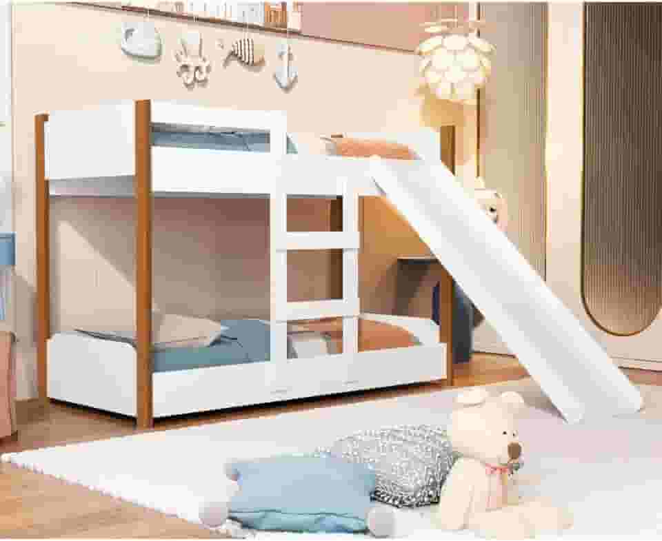 Beliche Infantil Flora com Escorregador Grade de Proteção e Escada Lateral Estrutura em MDF Design Divertido e Seguro para Crianças (Nature)
