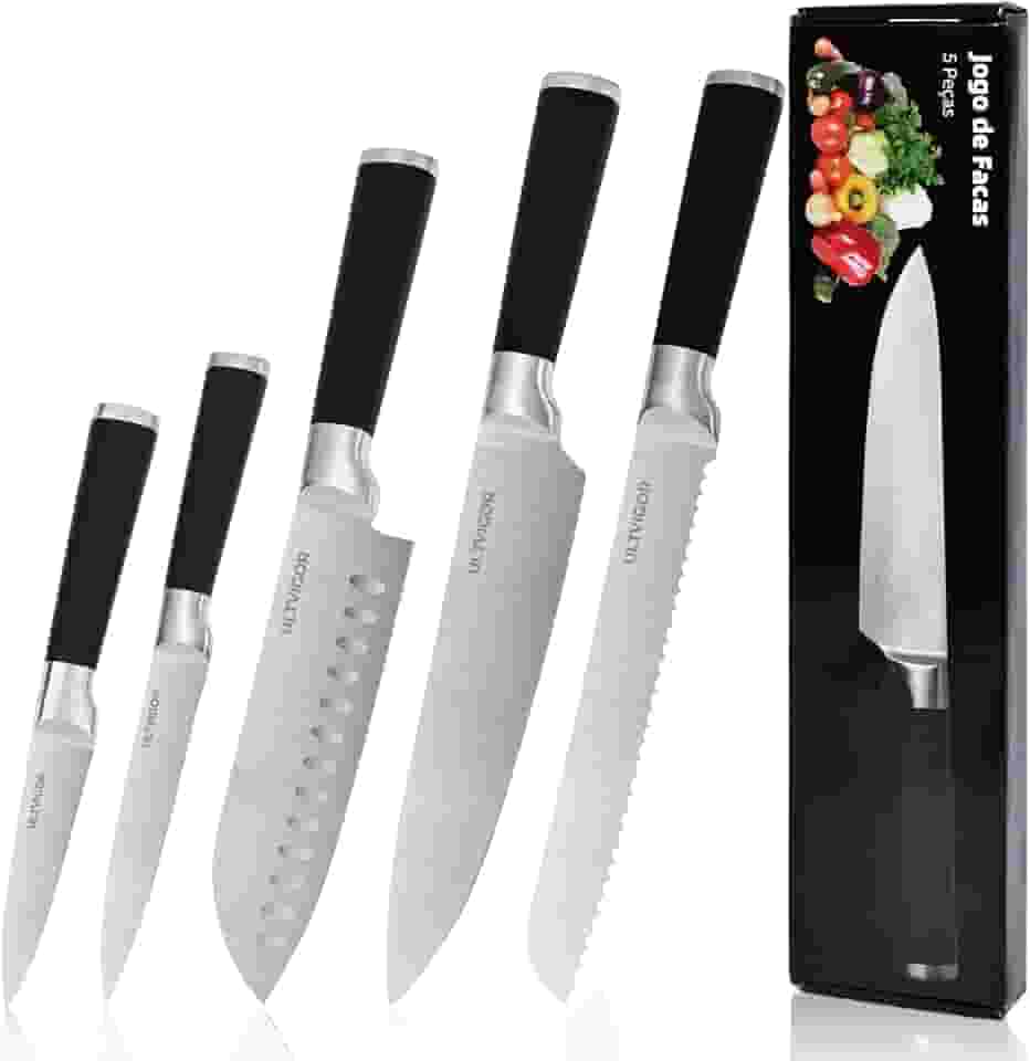 Conjunto de Facas 5 Peças, 4CR13 Aço Inoxidável Afiado e Durável, Cabo antiderrapante, Corte Preciso para Cozinhas Domésticas, Inclui Faca de Chef, Santoku (Preto)