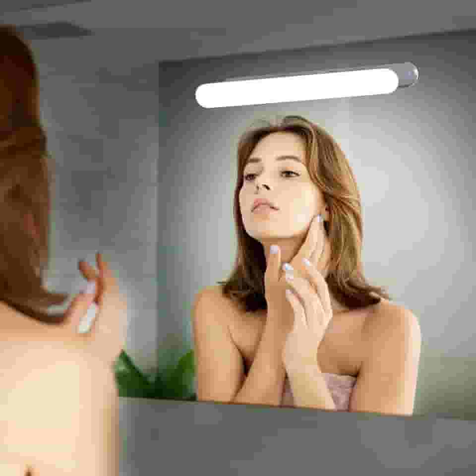 Luzes de maquiagem para espelho sem fio, brilho de cor ajustável e iluminação angular, LED de toque recarregável, 3 cores, cole para banheiro