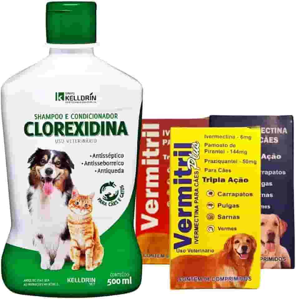 Kit Sarna e Micose Canina: Vermitril 4 Comprimidos mastigáveis + Shampoo Clorexidina Kelldrin (Cães 7 a 15kg)