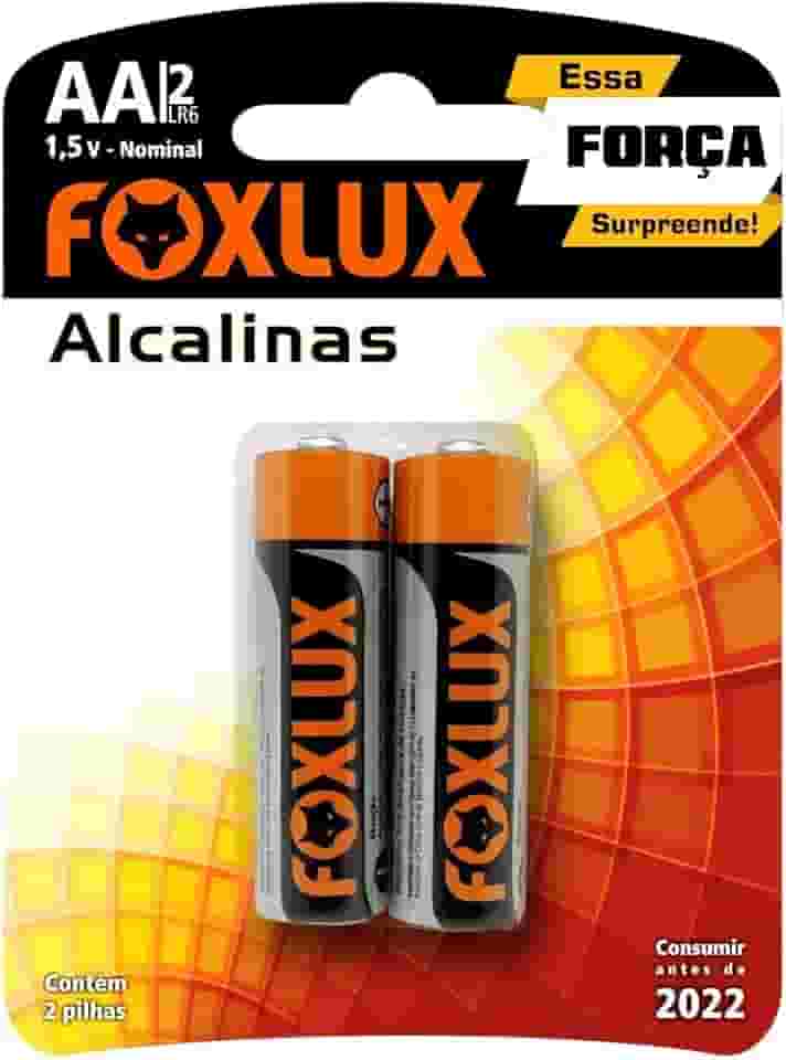 Pilha Alcalina Pequena AA Foxlux – Tensão Nominal: 1,5V – Embalagem com 2 pilhas – Alta durabilidade – Livre de mercúrio e cádmio