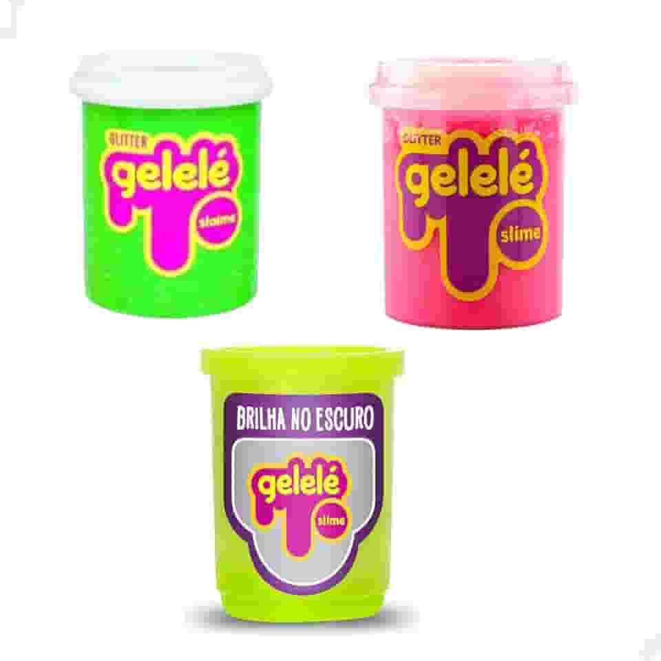 Kit Slime Geleca Gelelé 2 Coloridas Sortidas Com Glitter + 1 Slime Brilha No Escuro