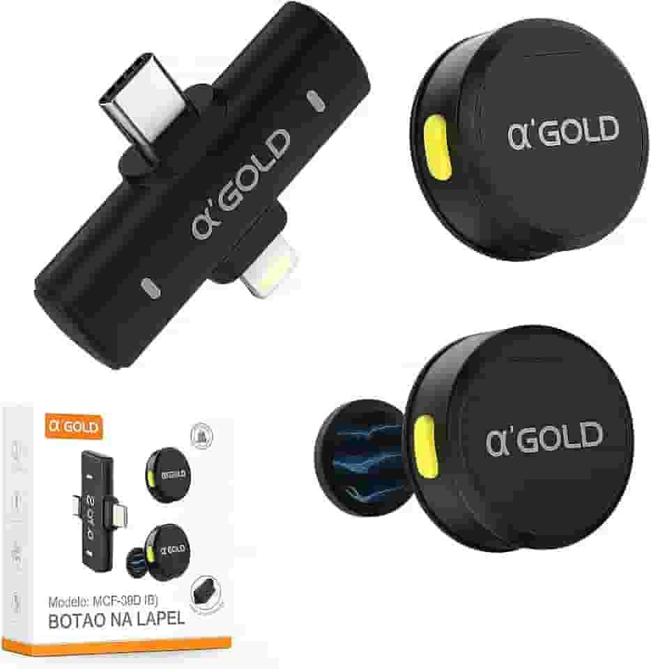 Microfone de Lapela Sem Fio Bluetooth AGold Premium – Kit com 2 Microfones, Redução de Ruído, 10h de Bateria, Conexão USB-C Automática – Compatível com iPhone, Android, PC e Câmeras