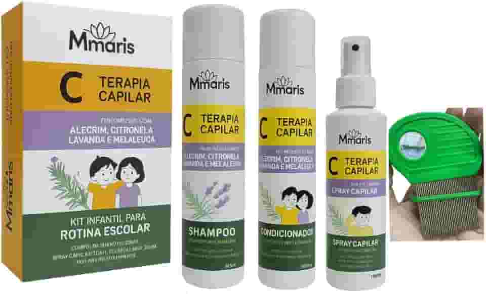 Kit M Mari's Terapia Capilar Combate Piolhos e Lêndeas Pente Fino de Ferro Aço Inox Shampoo Condicionador Spray Creme de Pentear Sem Enxague Pente Piolhos Cor Verde