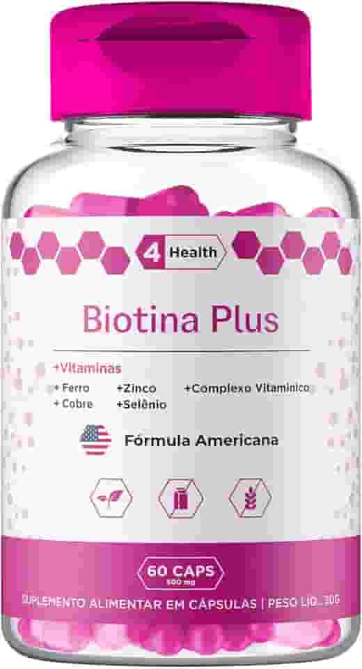 Biotina Plus + Vitaminas 60 Cápsulas, Tecnologia Importada EUA, Cabelo, Pele e Unha - 4 Health