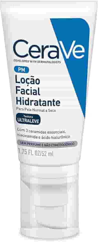 CeraVe Loção Facial Hidratante PM, Textura Ultraleve, Hidratação Suave e Rápida Absorção, com Ceramidas Essenciais e Ácido Hialurônico, Sem Perfume e Hipoalergênica, 52ml