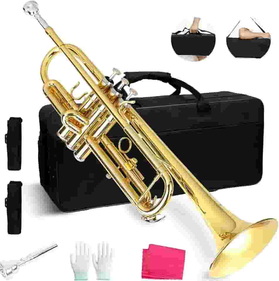 Trompete, Conjunto de Trompete Padrão para Iniciantes, Instrumento de Trompete de Latão (Ouro), com Bocal 7C, Pano de Limpeza, Luvas E Estojo de Transporte Rígido (Preto)