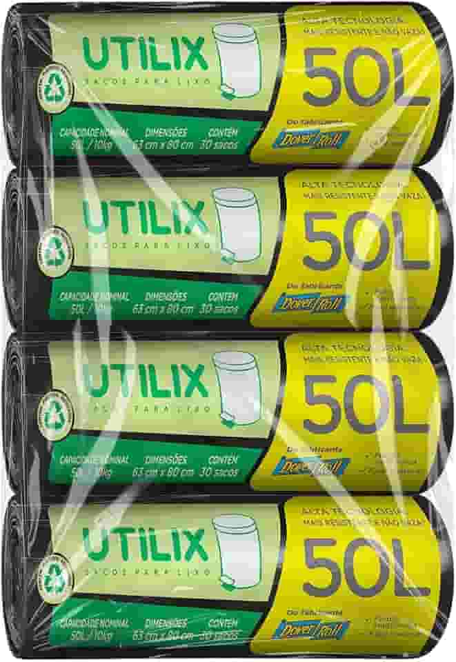 Kit com 4 unidades - Utilix 50 litros Preto, Rolo com 30 Sacos/unidade