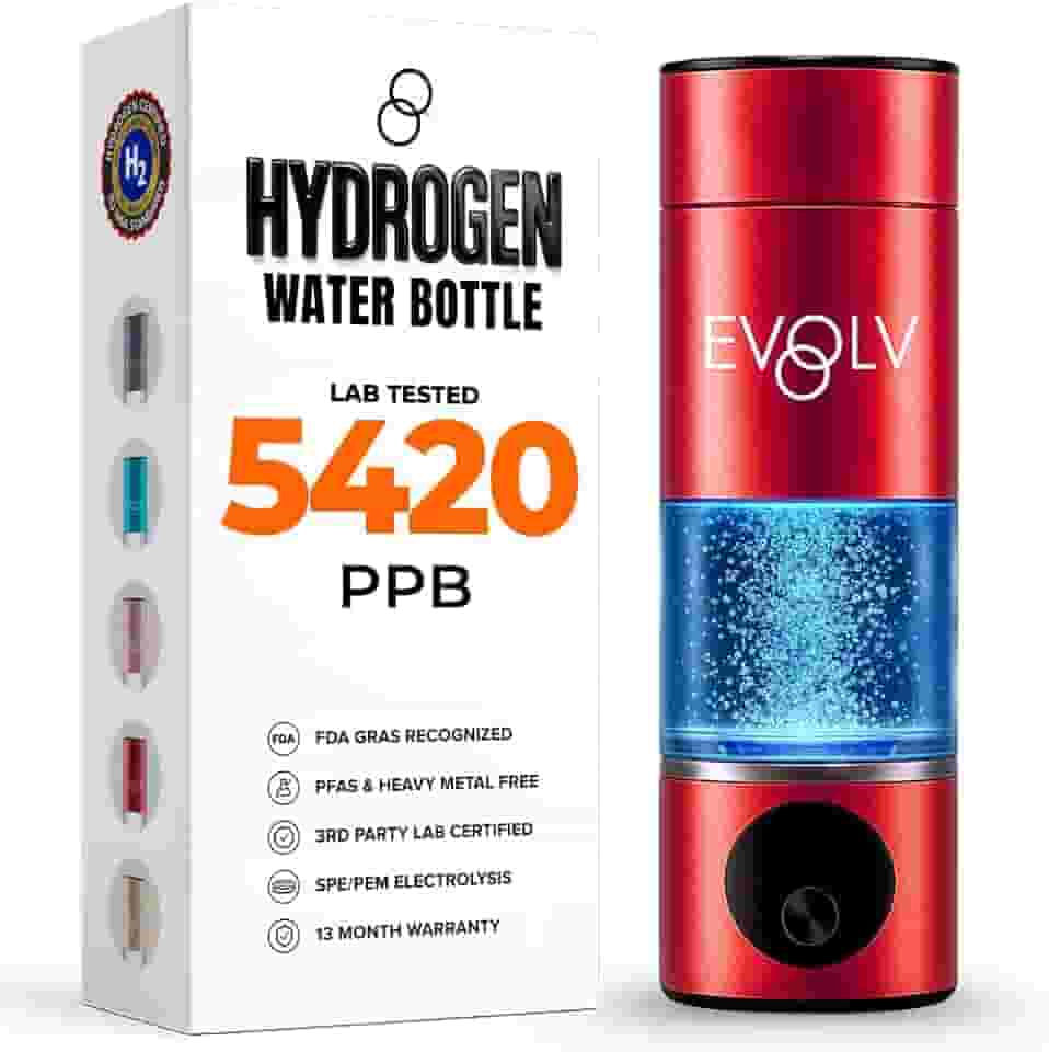 EVOLV Gerador de garrafa de água de hidrogênio – Ionizador de água SPE e PEM 5,4 PPM, maior concentração de H2 – Garrafa de água hidrogenada portátil de 227 g – Máquina de água de hidrogênio à prova