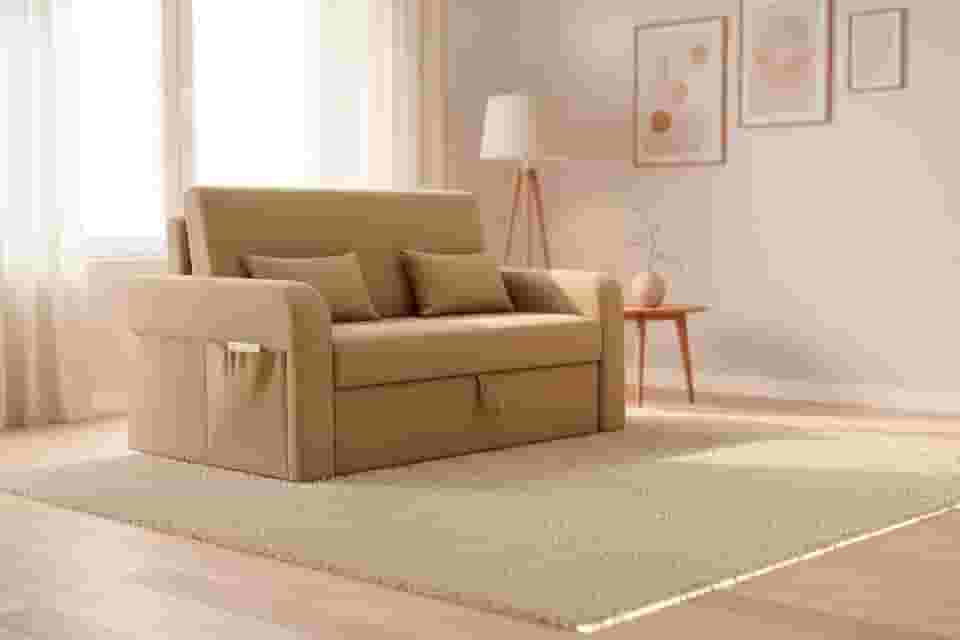 Sofá Cama Com Baú 2 Lugares 140cm Lady Day Retrátil Com Almofadas Veludo Premium Aconchegante (Bege)