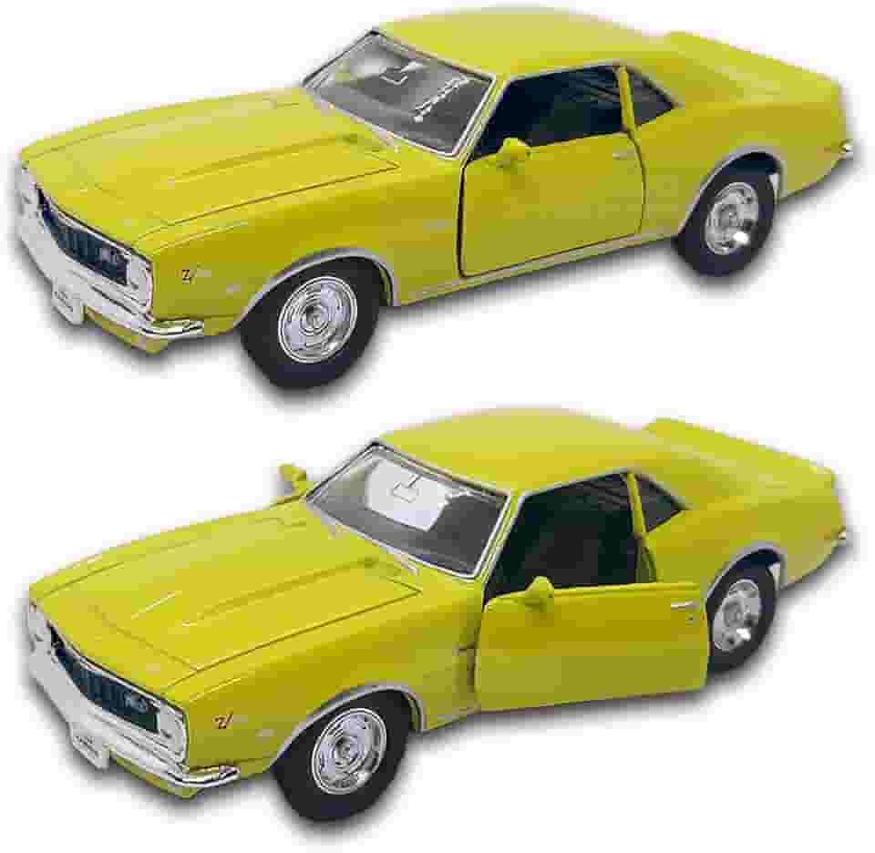 Carrinho de ferro Camaro amarelo Z28 1968, Miniatura de carros esportivos clássicos, Abertura de portas, 12 CM, welly