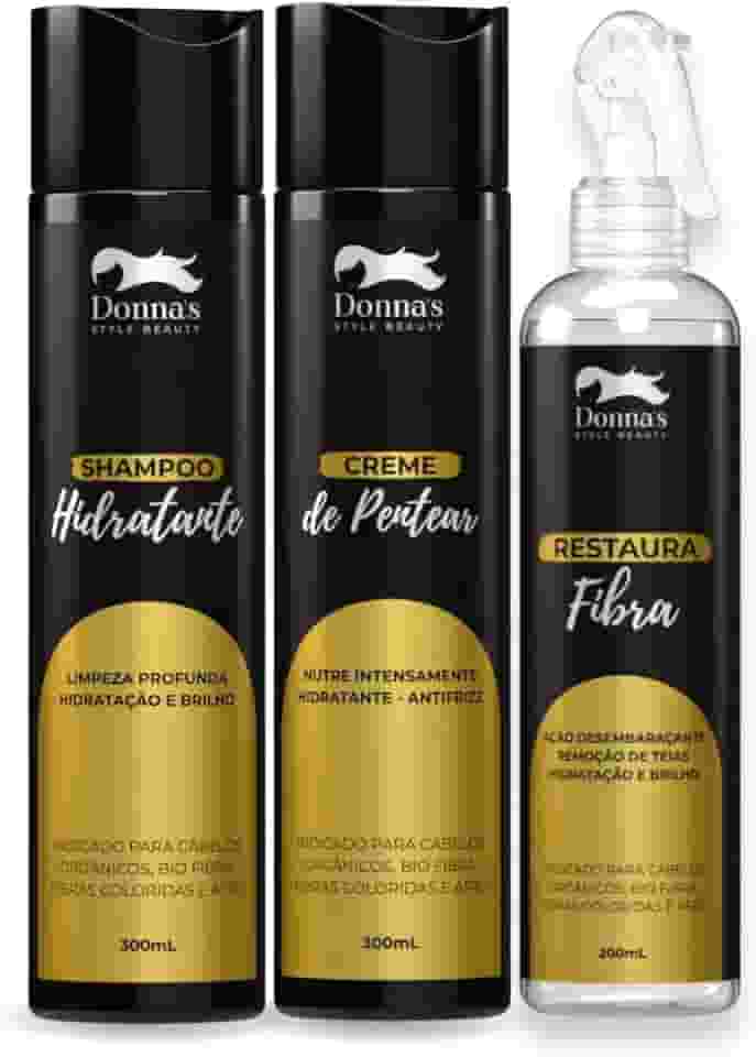 Kit Tratamento e Manutenção de Cabelos Orgânicos, Cabelo Bio Fibra, Cachos e Apliques Mega Hair - Shampoo Hidratante, Creme de Pentear e Desembaraçante Restaura Fibra Donna's