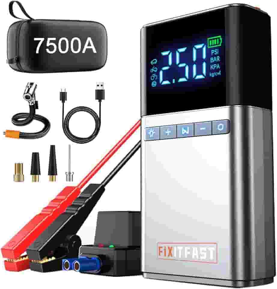 7500A Jump Starter Portátil para Carro com Compressor de Ar de 150 PSI, Lanterna LED e Carregamento Rápido USB,Para Motocicletas, SUVs, e outros, Bateria externa e emergências