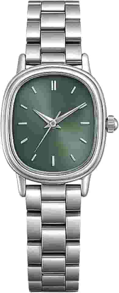 Relógio Feminino Delicado Aço Inoxidável Pequeno Oval Elegante Prateado Verde Old Money