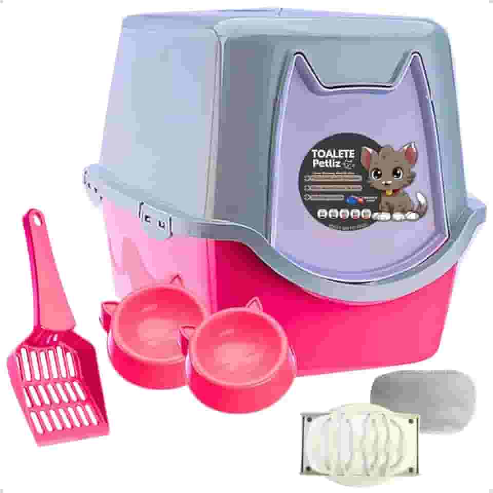 Caixa de areia para Gatos Toalete Rosa Petliz Banheiro Bandeja Sanitário Higiênico Facil Limpeza com Comedouros e Pá